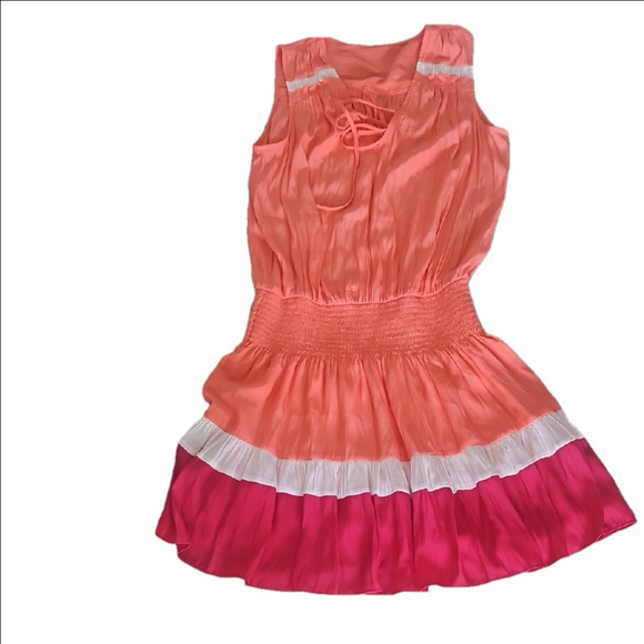 Ramy Brook Smocked Waist Mini Dress Medium Colorblock Orange Pink Summer Resort - Picture 8 of 9